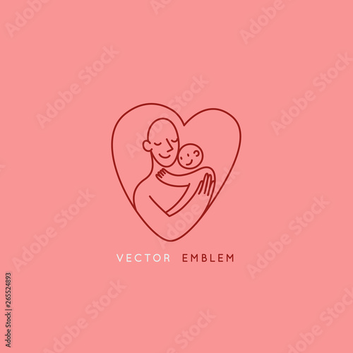 Vector logo design template and emblem in simple line style - happy mother and child -