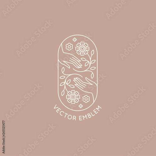 Vector abstract logo design template in trendy linear minimal style - hands with flowers and leaves