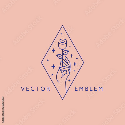 Vector abstract logo design template in trendy linear minimal style - hand with flower