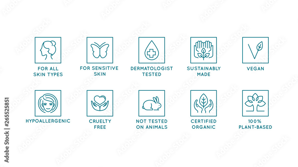 Vector set of design elements, logo design templates, icons and badges for natural and organic cosmetics in trendy linear style - cruelty free - obrazy, fototapety, plakaty 