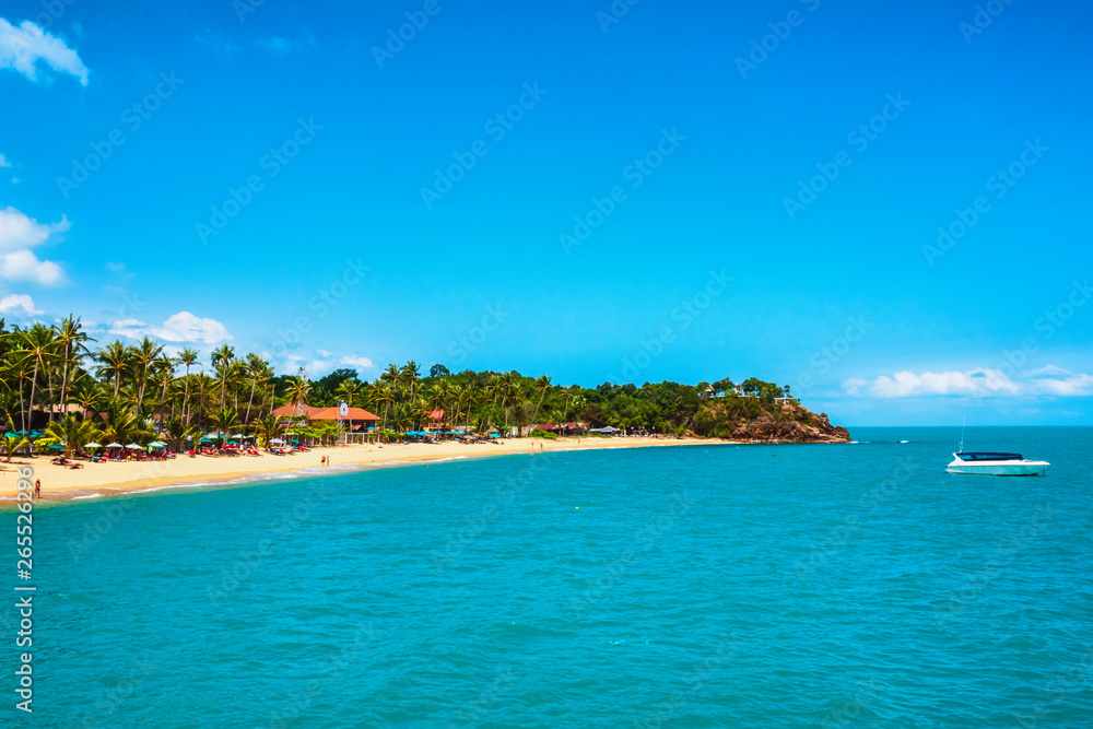 The sea coast with turquoise water, wooden boats and palm trees ashore.