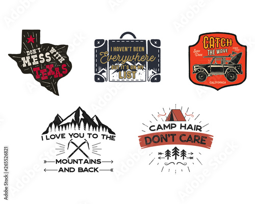 Vintage travel logos patches set. Hand drawn camping labels designs. Texas, backpacking, surfing. Outdoor hike emblems. Hiking logotypes collection. Stock vector isolated on white.