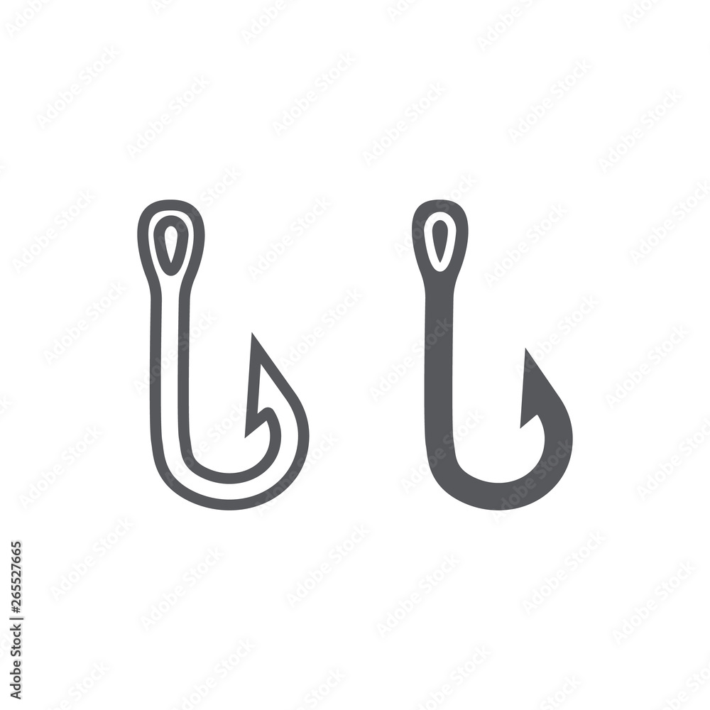 Fishing hook line and glyph icon, fishing and bait, fishhook set sign, vector graphics, a linear pattern on a white background.