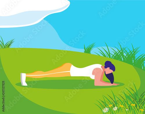athletic woman doing push-ups in the camp