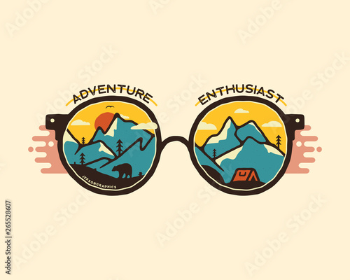 Camping badge illustration design. Outdoor logo with quote - Adventure enthusiast, for t shirt. Included retro mountains, bear and tent. Unusual hipster style patch. Stock vector isolated