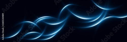 Blue glowing abstract waves on a black backdrop. Beautiful panoramic background.