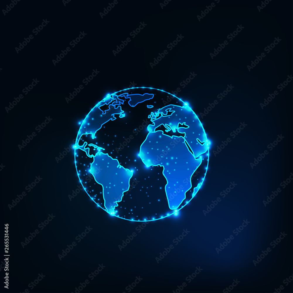 Futuristic glowing planet earth globe silhouette outline with stars on dark blue background. Futuristic glowing planet earth globe silhouette outline with stars on dark blue background.