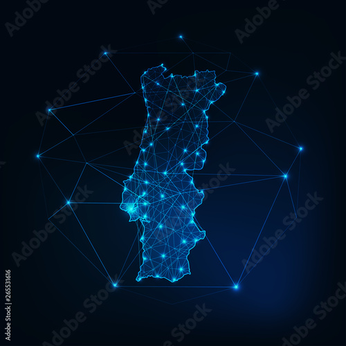 Portugal map outline with stars and lines abstract framework. Communication, connection concept.