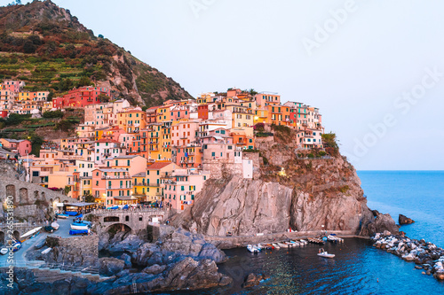 Stunning view of the beautiful and cozy village of Manarola in the Cinque Terre Reserve at sunset.