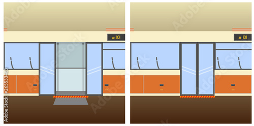 Flat editable vector illustration, clip art of public transport, metro, bus, train with open and closed doors, wheelchair ramp, ramp. 