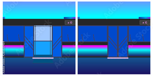 Flat editable vector illustration, clip art of public transport, metro, bus, train with open and closed doors, wheelchair ramp, ramp. 