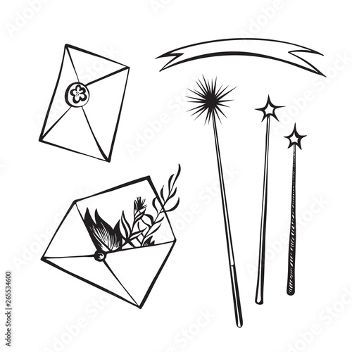 Hand drawn envelopes and magic wands outline sketch. Vector magic black ink drawing isolated on white background. Graphic illustration