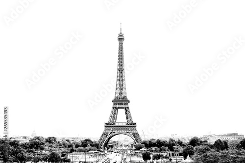 Fototapeta Naklejka Na Ścianę i Meble -  Black and white photo of Paris panorama with a view of the Eiffel Tower in France. Isolated on white background.
