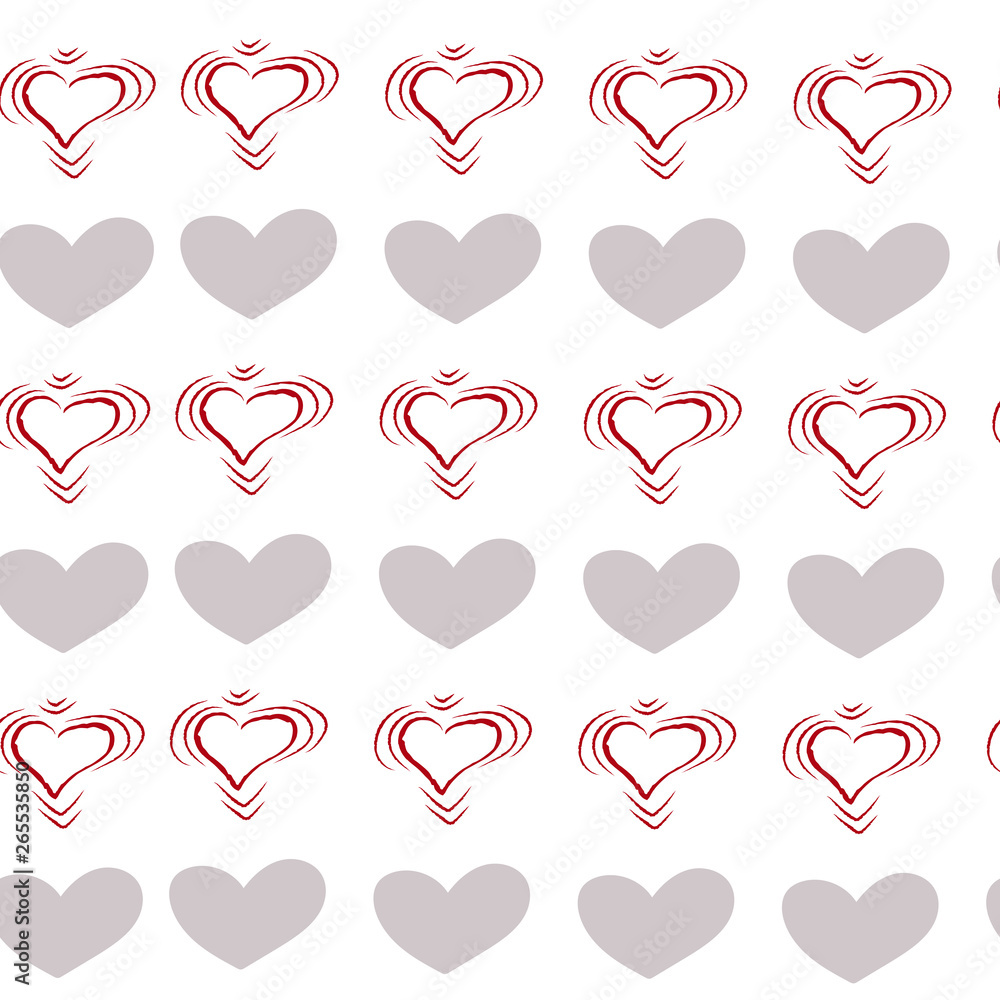 pattern with gray and pink hearts on a white background hand-drawn