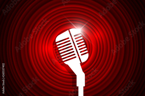 Vintage microphone on movie ending screen retro design element red circles signboard backdrop. Mic on empty theatre stage. Stand up comedian night show, karaoke party vector art image illustration