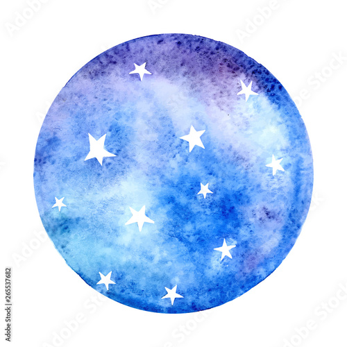 Vector watercolor space in shape of circle. Hand drawn illustration with paper texture. Round night sky with stars on white background.