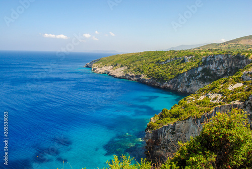 Zakynthos Island coast line, with crystal clear waters and hidden caves.