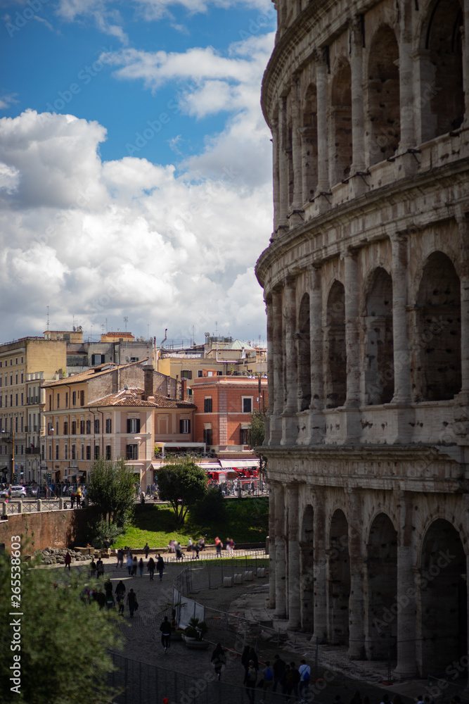 view on the Great Roman Colosseum, Coliseum, Colosseo, also known as the Flavian Amphitheatre. Rome. Italy. Europe