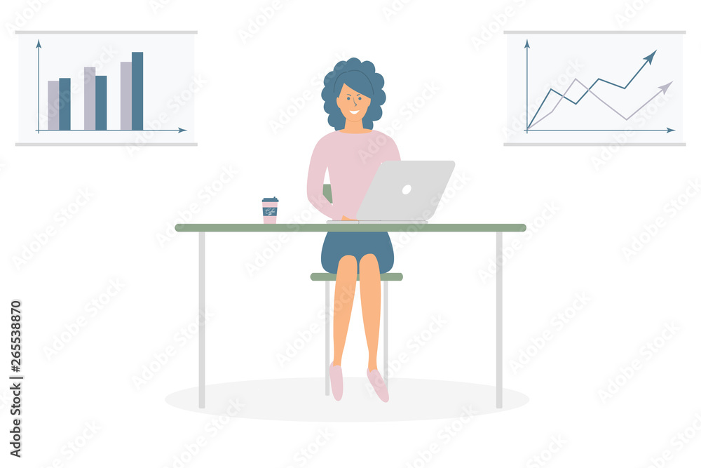 Cute woman freelancer work by computer at the table. Successful female character. Young calm freelance worker with laptop on desk with cup of coffee. Posters with infographics.Flat cartoon vector Cute woman freelancer work by computer at the table. Successful female character. Young calm freelance worker with laptop on desk with cup of coffee. Posters with infographics.Flat cartoon vector