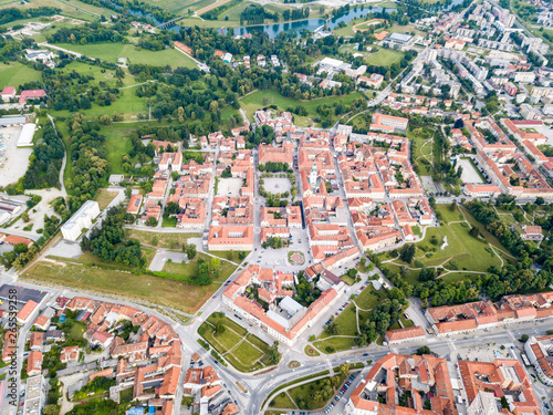 Karlovac city center, inside six-pointed star-shaped Renaissance fortress built against Ottomans, Croatia. Regular orthogonal planning and logical street layout of ideal town