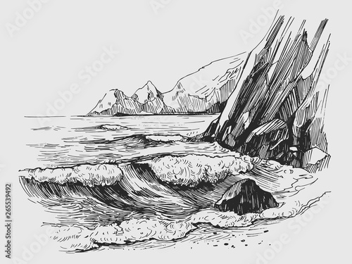 Sea sketch with rocks and mountains. Hand drawn illustration converted to vector