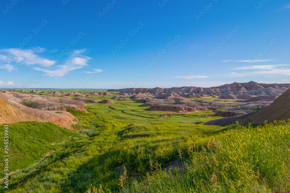 Badlands National Park - Landscape of grasslands and eroded rock formations Badlands National Park - Landscape of grasslands and eroded rock formations