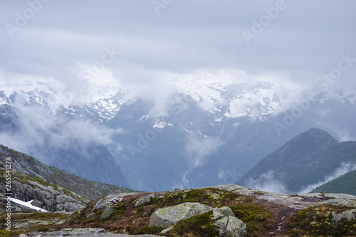 Trolltunga hike, Lake Ringedalsvatnet, Norway, Beautiful scandinavian landscape, Scandianavia, summer nature. Hike starts from Odda town