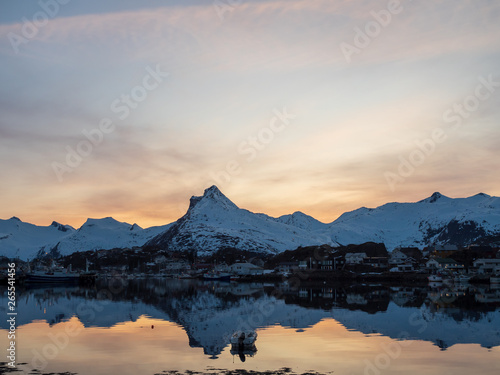 Sunset at Svinoya Rorbuer, fishing village in Lofoten, Norway photo