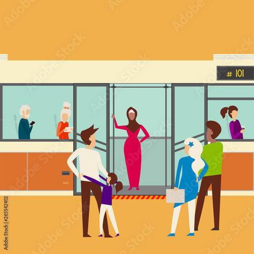 Flat editable vector illustration, clip art of people man and woman expect, go in and out public transport, metro, bus, train. Travelling millennials.