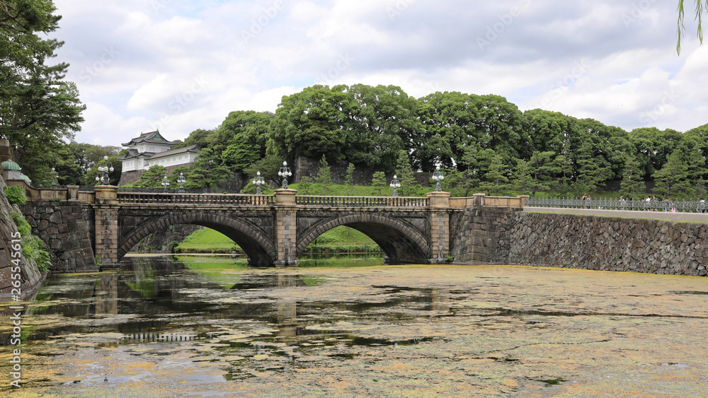 Tokyo, Japan - August 3, 2019: Tourists visit the Imperial Palace with Nijubashi Bridge in Tokyo