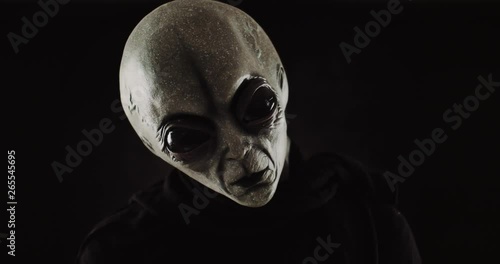 Grey alien creature has messages for human. posing in front of the camera