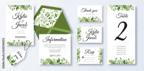 Wedding Invitation, menu card, information, table number. Floral design with green watercolor fern leaves foliage greenery decorative frame print Vector elegant cute rustic greeting invite postcard 