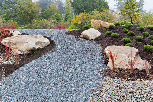 Gravel path and rocks in landscaped garden