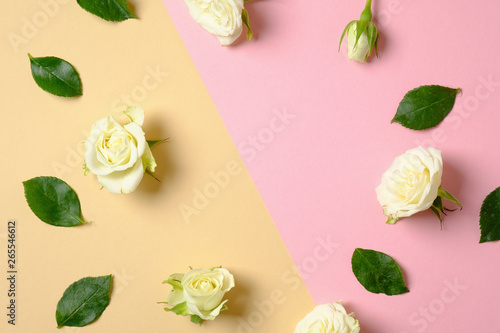 Fototapeta Naklejka Na Ścianę i Meble -  Frame border made of scattered leaves and roses flowers on pastel pink and yellow background. Spring flower, trendy minimal layout, tenderness concept. Beauty blogger or women desk.