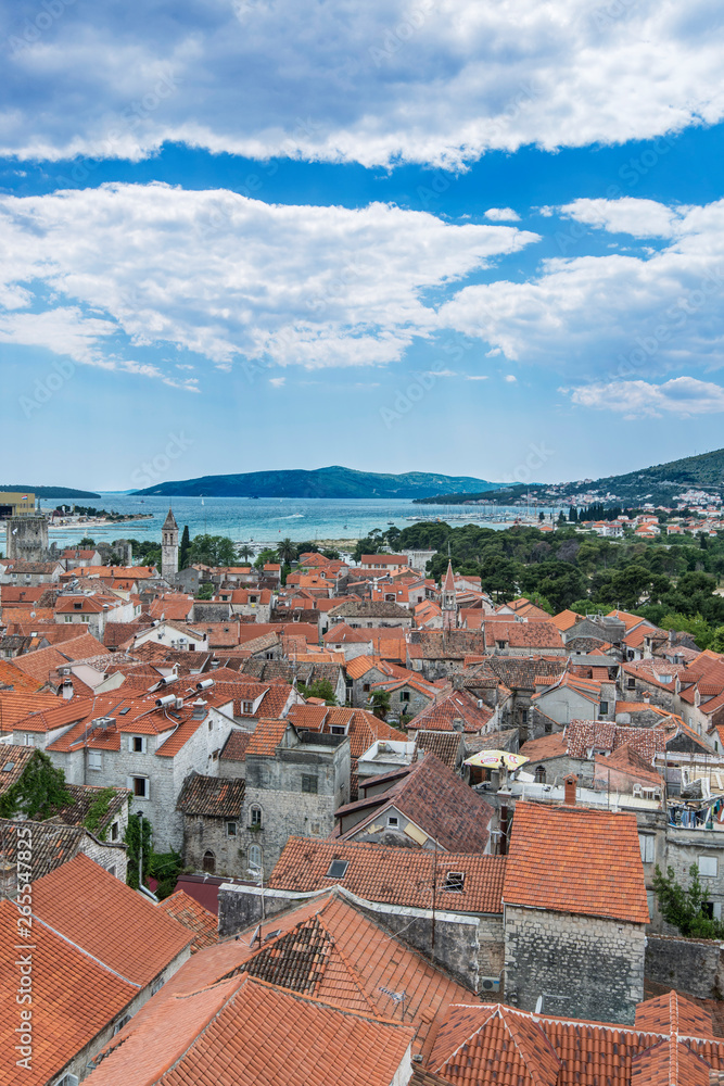 Aerial view of coastal city rooftops under cloudy sky, Trogir, Split, Croatia Aerial view of coastal city rooftops under cloudy sky, Trogir, Split, Croatia