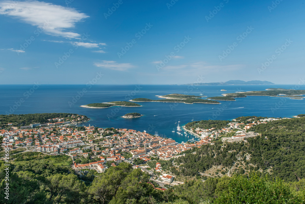 Aerial view of coastal town and hillside, Hvar, Split, Croatia Aerial view of coastal town and hillside, Hvar, Split, Croatia