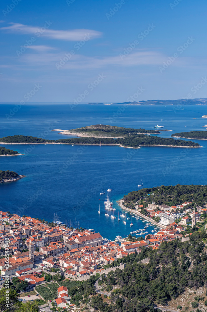 Aerial view of coastal town and islands, Hvar, Split, Croatia Aerial view of coastal town and islands, Hvar, Split, Croatia