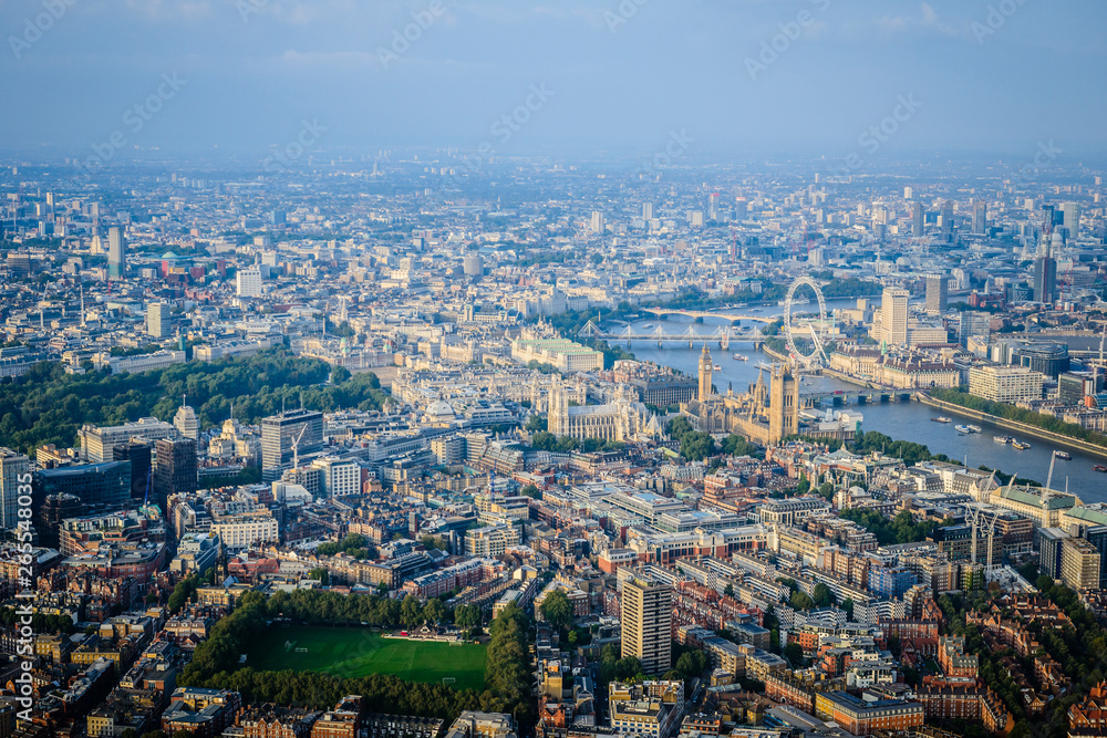 Aerial view of London cityscape and river, England Aerial view of London cityscape and river, England