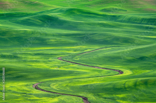 Winding irrigation ditch through rolling hills in rural landscape