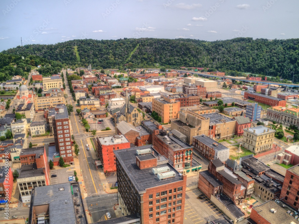 Aerial View of Downtown Wheeling, West Virginia on the Ohio River