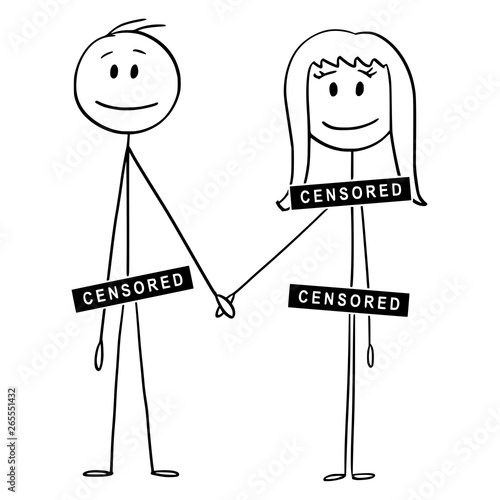 Cartoon stick figure drawing illustration of naked or nude couple of man and woman with penis, groin, crotch, genitalia and breasts covered by censored bar or sign. Metaphor of nudity control.