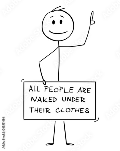 Cartoon stick figure drawing conceptual illustration of nude man with genitals, crotch, groin or penis covered by all people are naked under their clothes sign. Metaphor of censored nudity.