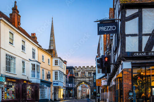 Aerial view of High street gate and Salisbury cathedral in the evening photo