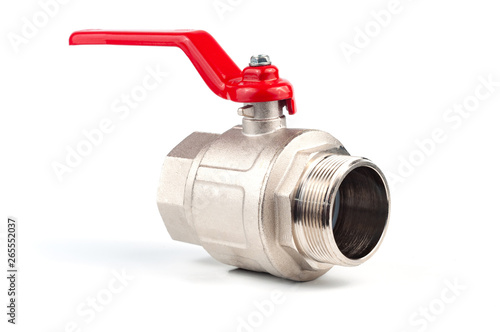 Ball water valve for plumbing with red handle, on white background