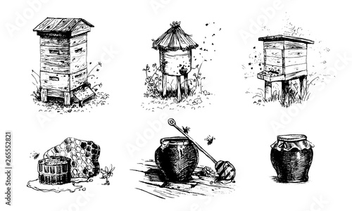 Honey, beehives and pots of honey. Set of vector images.