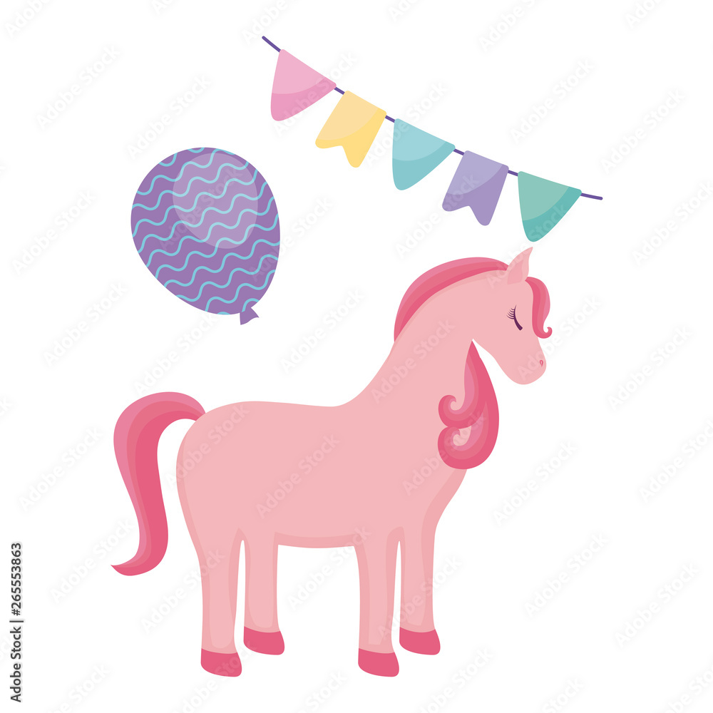 cute unicorn animal with garlands and balloon helium
