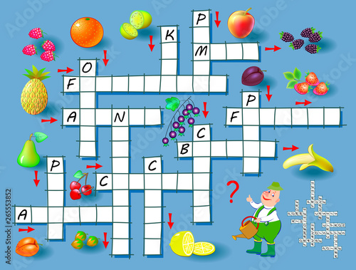 Crossword puzzle game with fruits. Educational page for children for study French language and words. Printable worksheet for kids textbook. Back to school. Vector cartoon image.