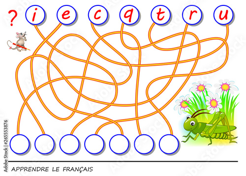 Logic puzzle game for study French language with cute cricket. Find the correct places for letters, write them in relevant circles and read the word. Printable worksheet for textbook. Back to school.