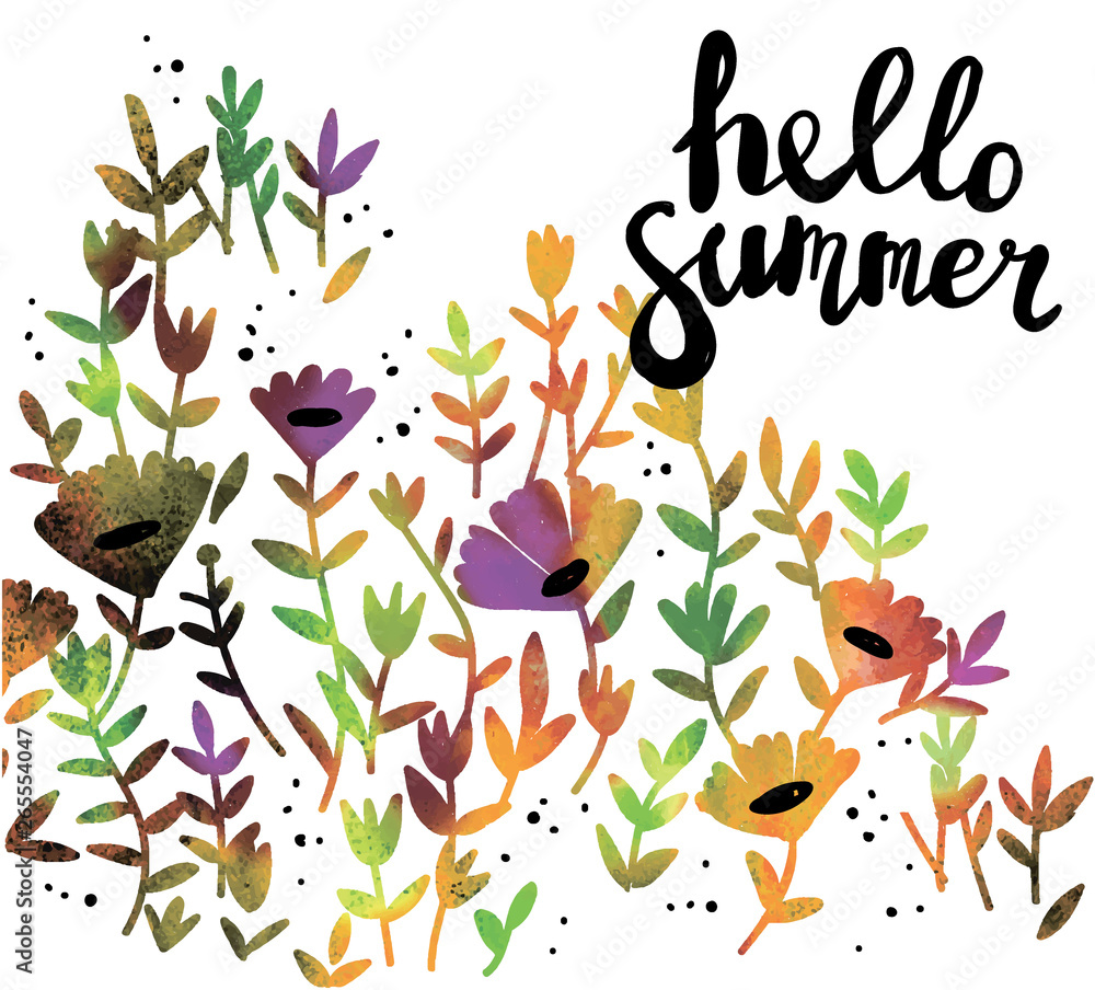 Hello summer! Sweet card with flowers. Drawing by hand, children's drawing.