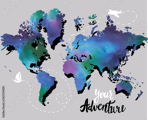 Your adventure. Drawing by hand, children's drawing.Bright, colorful drawing. World map, geographical map. Airplane, ship, route. Spots of color. Poster, postcard, print on the T-shirt.